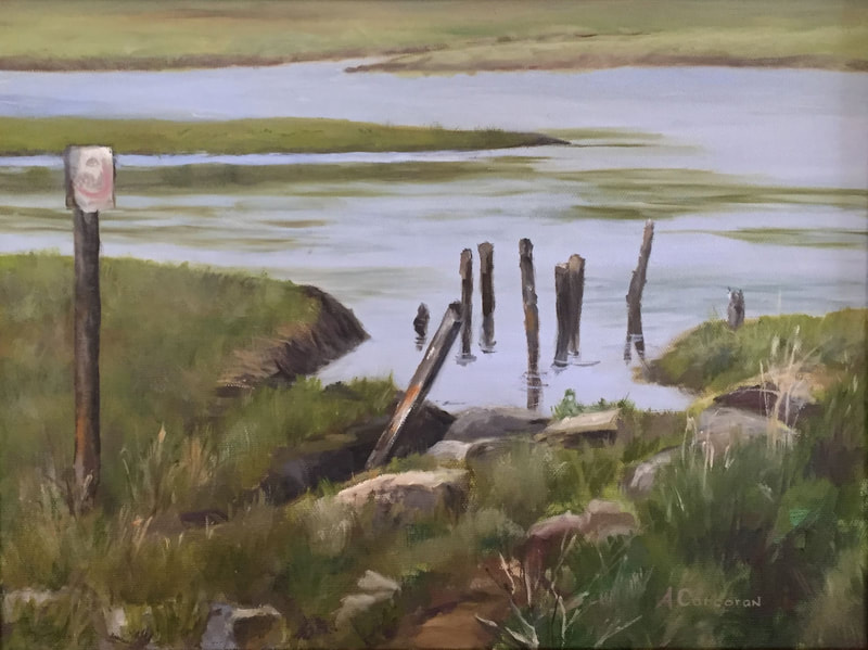 "Pilings", (Jamestown, RI scene), Oil painting by Arline Corcoran, Danbury, CT