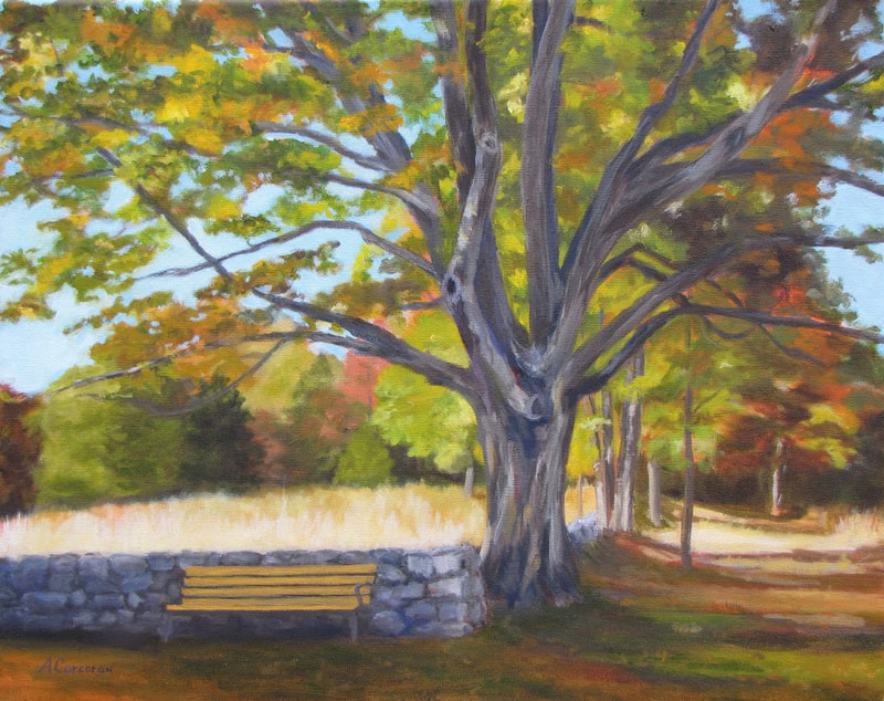 "Let's Sit Awhile", Weir Farm scene, Ridgefield, CT.  Oil painting by Arliine Corcoran, Danbury, CT