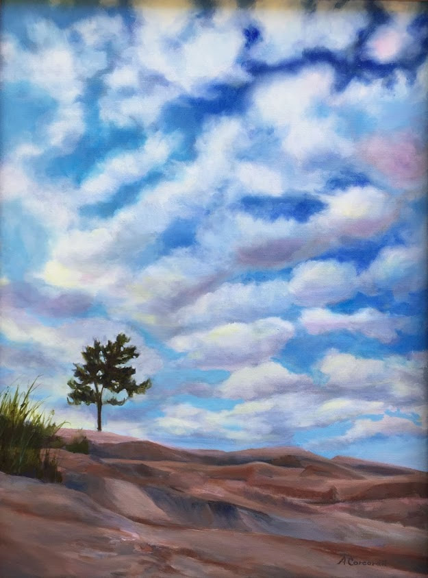 "Lonesome Tree", scene from Rhode Island shore.  Oil painting by Arline Corcoran, Danbury, CT
